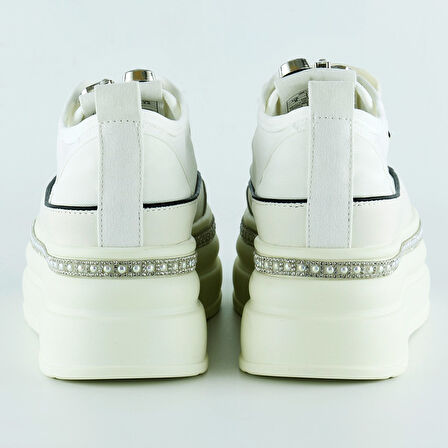 Beyaz Yüksek Taban Kristal Taşlı İnci Detaylı Bağcıklı Gelin Platform Sneaker
