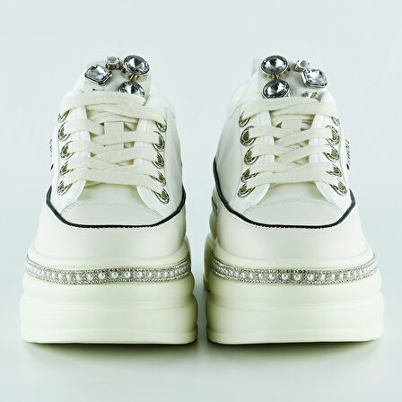 Beyaz Yüksek Taban Kristal Taşlı İnci Detaylı Bağcıklı Gelin Platform Sneaker