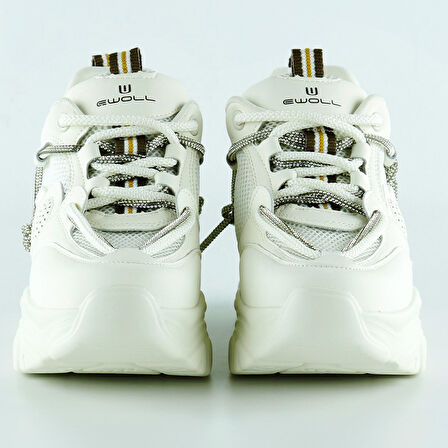 Ekru Yüksek Taban Spor Fileli Taşlı Bağcıklı Platform Sneaker
