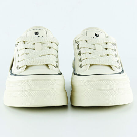 Bej Saten Yüksek Taban Spor Taşlı Bağcıklı Platform Sneaker