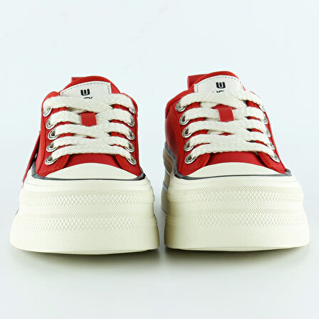 Kırmızı Saten Yüksek Taban Spor Taşlı Bağcıklı Platform Sneaker