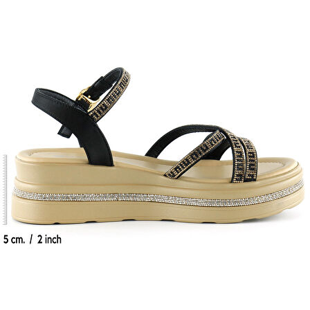 Siyah Saten Altın Kristal Taşlı Platform Sandalet