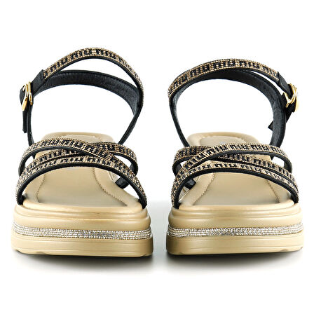 Siyah Saten Altın Kristal Taşlı Platform Sandalet