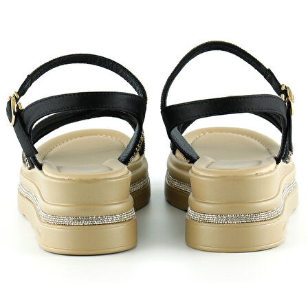 Siyah Saten Altın Kristal Taşlı Platform Sandalet