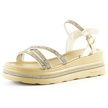 Bej Saten Altın Kristal Taşlı Platform Sandalet