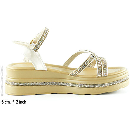 Bej Saten Altın Kristal Taşlı Platform Sandalet