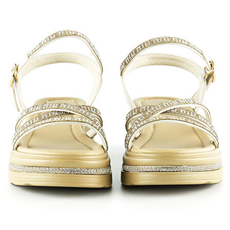 Bej Saten Altın Kristal Taşlı Platform Sandalet