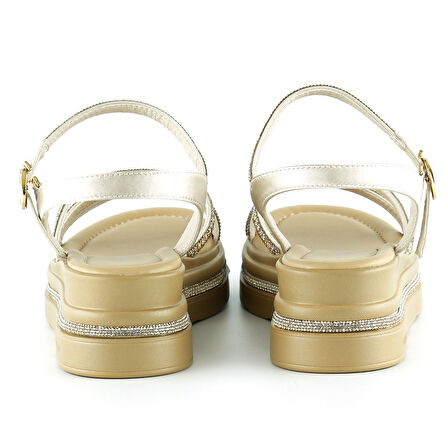 Bej Saten Altın Kristal Taşlı Platform Sandalet