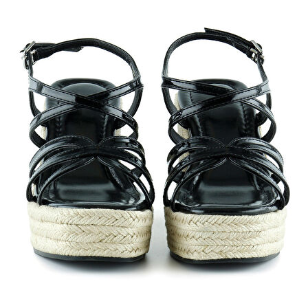 Siyah Rugan Çapraz Bantlı Taşlı Zikzak Örgü Jüt Platform Topuklu Sandalet