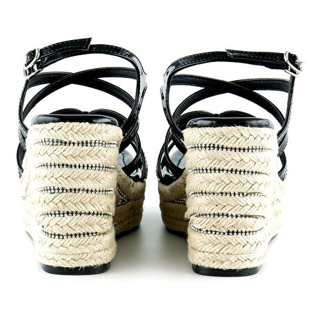 Siyah Rugan Çapraz Bantlı Taşlı Zikzak Örgü Jüt Platform Topuklu Sandalet
