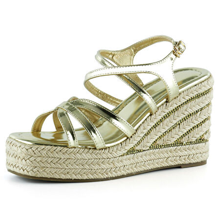 Altın Rugan Çapraz Bantlı Taşlı Zikzak Örgü Jüt Platform Topuklu Sandalet