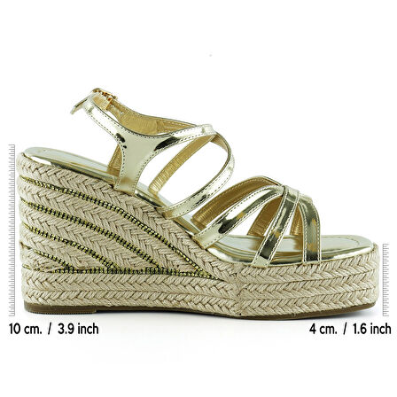 Altın Rugan Çapraz Bantlı Taşlı Zikzak Örgü Jüt Platform Topuklu Sandalet