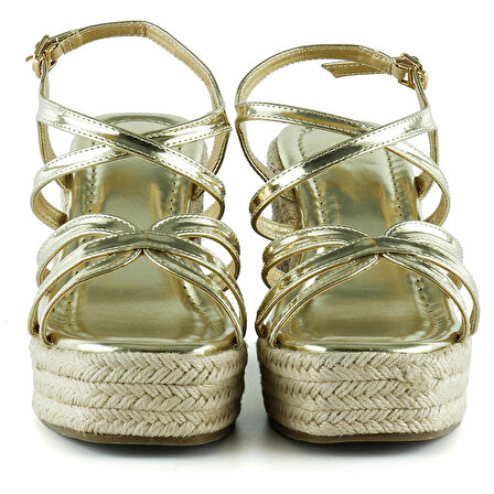 Altın Rugan Çapraz Bantlı Taşlı Zikzak Örgü Jüt Platform Topuklu Sandalet