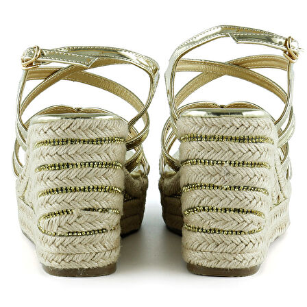 Altın Rugan Çapraz Bantlı Taşlı Zikzak Örgü Jüt Platform Topuklu Sandalet