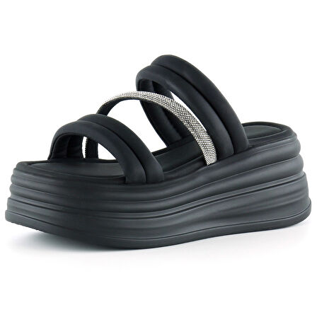 Siyah Dolgu Taban Gümüş Taşlı Bantlı Platform Terlik