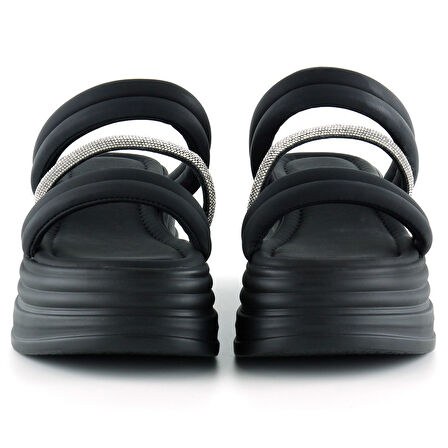 Siyah Dolgu Taban Gümüş Taşlı Bantlı Platform Terlik