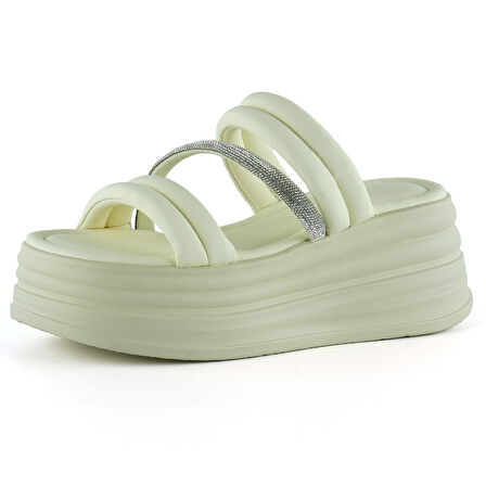 Bej Dolgu Taban Gümüş Taşlı Bantlı Platform Terlik