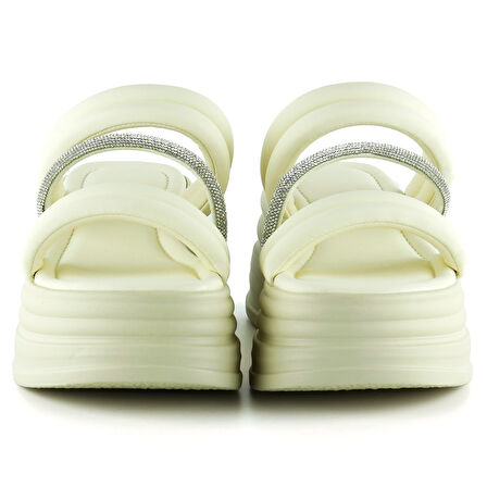 Bej Dolgu Taban Gümüş Taşlı Bantlı Platform Terlik