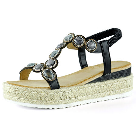 Siyah Kristal Taşlı Elastik Bantlı Zikzak Örgü Jüt Platform Topuklu Sandalet