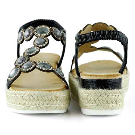 Siyah Kristal Taşlı Elastik Bantlı Zikzak Örgü Jüt Platform Topuklu Sandalet