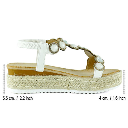 Beyaz Kristal Taşlı Elastik Bantlı Zikzak Örgü Jüt Platform Topuklu Sandalet