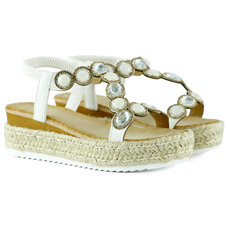 Beyaz Kristal Taşlı Elastik Bantlı Zikzak Örgü Jüt Platform Topuklu Sandalet