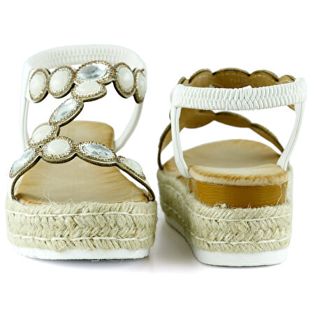 Beyaz Kristal Taşlı Elastik Bantlı Zikzak Örgü Jüt Platform Topuklu Sandalet