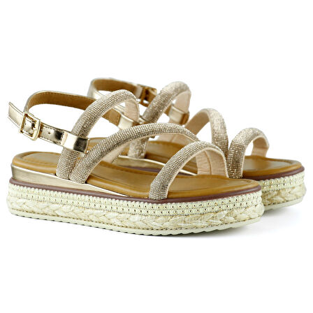 Bronz Üç Bant Taşlı İnci Detaylı Zikzak Örgülü Platform Sandalet