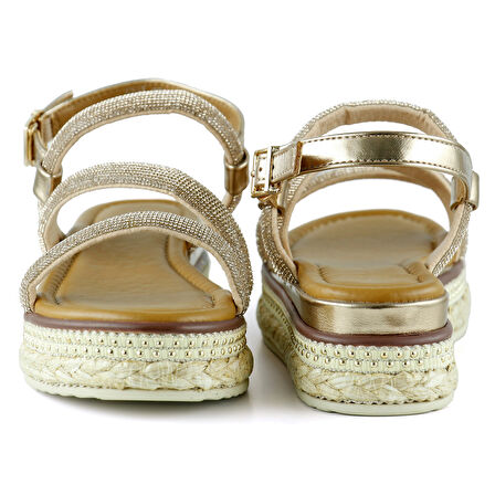 Bronz Üç Bant Taşlı İnci Detaylı Zikzak Örgülü Platform Sandalet