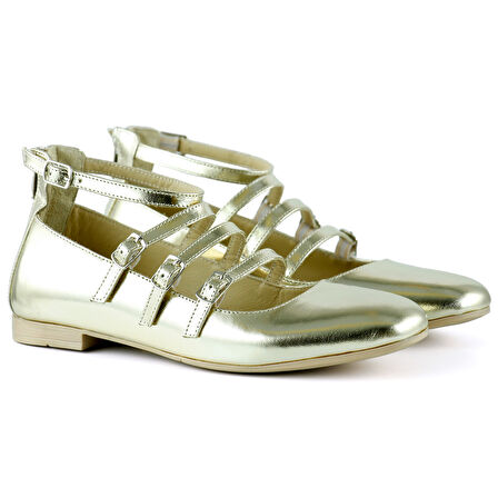 Elenuta Dore Hakiki Deri Rugan Dört Bant Tokalı Fermuarlı Balerin Babet