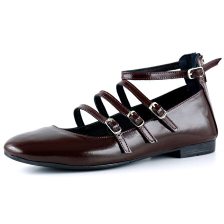 Elenuta Bordo Hakiki Deri Rugan Dört Bant Tokalı Fermuarlı Balerin Babet