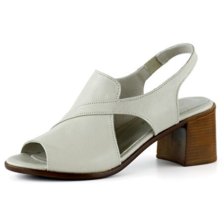 Saules Vizon Hakiki Deri Kesik Detaylı Lastik Bantlı Topuklu Sandalet