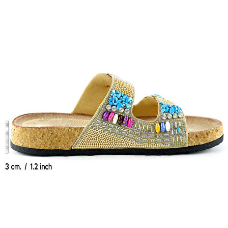 Bej Sabit Çift Bantlı Renkli Taşlı Boncuklu Mantar Taban Görünümlü Terlik