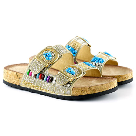 Bej Sabit Çift Bantlı Renkli Taşlı Boncuklu Mantar Taban Görünümlü Terlik