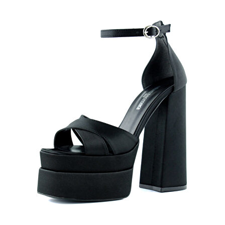 Erkan Saçmacı Celine Siyah Saten Önü Açık Çapraz Bantlı Çift Platformlu Kalın Topuklu Abiye Ayakkab