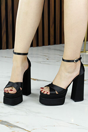 Erkan Saçmacı Celine Siyah Saten Önü Açık Çapraz Bantlı Çift Platformlu Kalın Topuklu Abiye Ayakkab