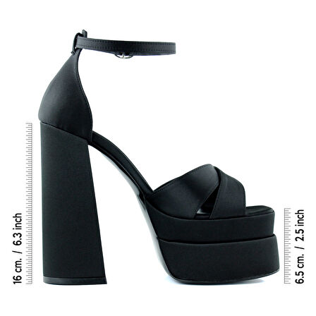 Erkan Saçmacı Celine Siyah Saten Önü Açık Çapraz Bantlı Çift Platformlu Kalın Topuklu Abiye Ayakkab