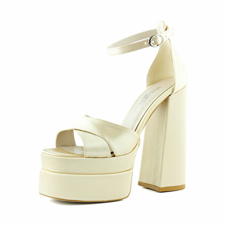 Erkan Saçmacı Celine Ten Saten Önü Açık Çapraz Bantlı Çift Platformlu Kalın Topuklu Abiye Ayakkabı