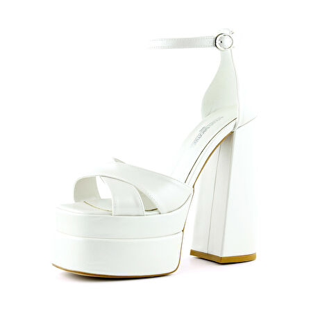 Erkan Saçmacı Celine İnci Beyaz Önü Açık Çapraz Bantlı Çift Platformlu Kalın Topuklu Abiye Gelin 