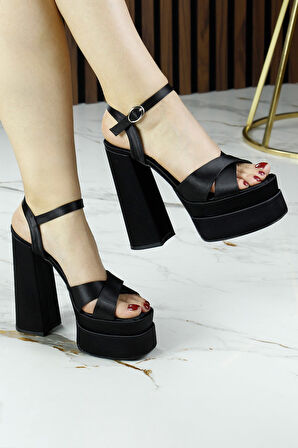 Erkan Saçmacı Whitney Siyah Saten Önü Arkası Açık Çift Platformlu Bantlı Kalın Topuklu Abiye 