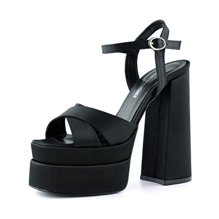 Erkan Saçmacı Whitney Siyah Saten Önü Arkası Açık Çift Platformlu Bantlı Kalın Topuklu Abiye 