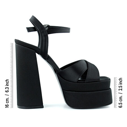 Erkan Saçmacı Whitney Siyah Saten Önü Arkası Açık Çift Platformlu Bantlı Kalın Topuklu Abiye 