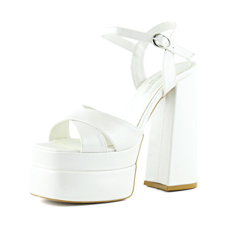 Erkan Saçmacı Whitney İnci Beyaz Önü Arkası Açık Çift Platformlu Bantlı Abiye Gelin Ayakkabısı