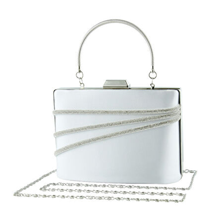 Erkan Saçmacı Gümüş Saten Kristal Taşlı Metal Saplı Zincir Askılı Abiye Çanta