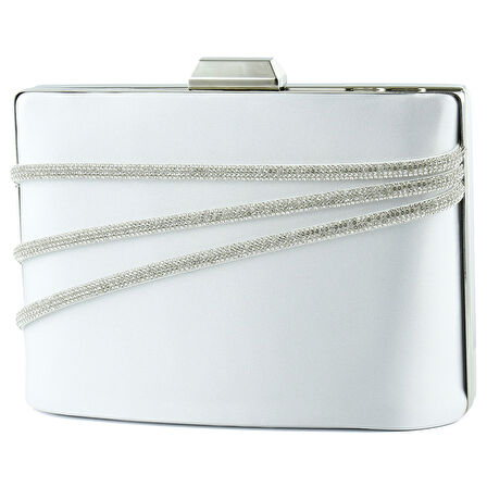 Erkan Saçmacı Gümüş Saten Kristal Taşlı Metal Saplı Zincir Askılı Abiye Çanta