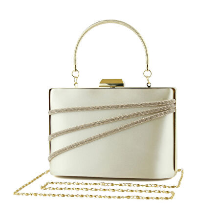 Erkan Saçmacı Ten Saten Taşlı Altın Metal Saplı Zincir Askılı Abiye Çanta