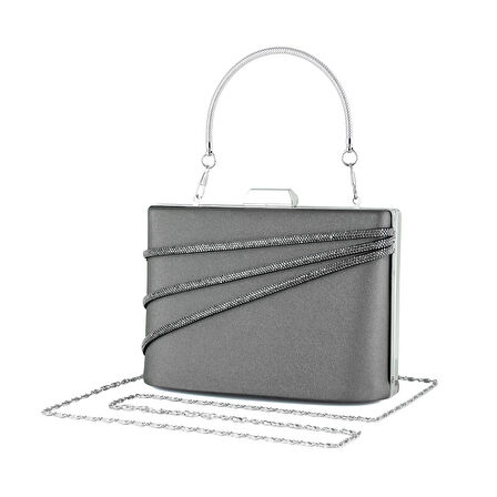 Erkan Saçmacı Antrasit Saten Taşlı Gümüş Metal Saplı Zincir Askılı Abiye Çanta