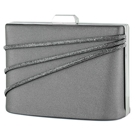 Erkan Saçmacı Antrasit Saten Taşlı Gümüş Metal Saplı Zincir Askılı Abiye Çanta