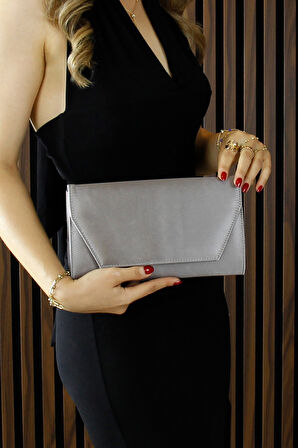 Erkan Saçmacı Antrasit Saten Zincir Askılı Manyetik Kapaklı İç Cepli Zarif Abiye El Çantası