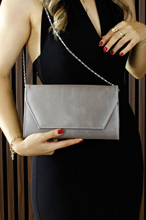 Erkan Saçmacı Antrasit Saten Zincir Askılı Manyetik Kapaklı İç Cepli Zarif Abiye El Çantası